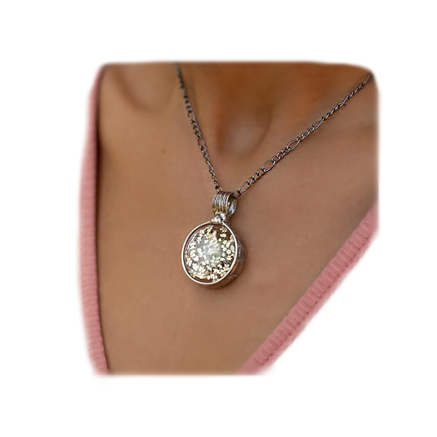 White Wildflower Necklace for Women Real Pressed Flower Queen Anne’s Lace Glass Pendant Birthday 13th Wedding Anniversary Gift Artisan Crafted by