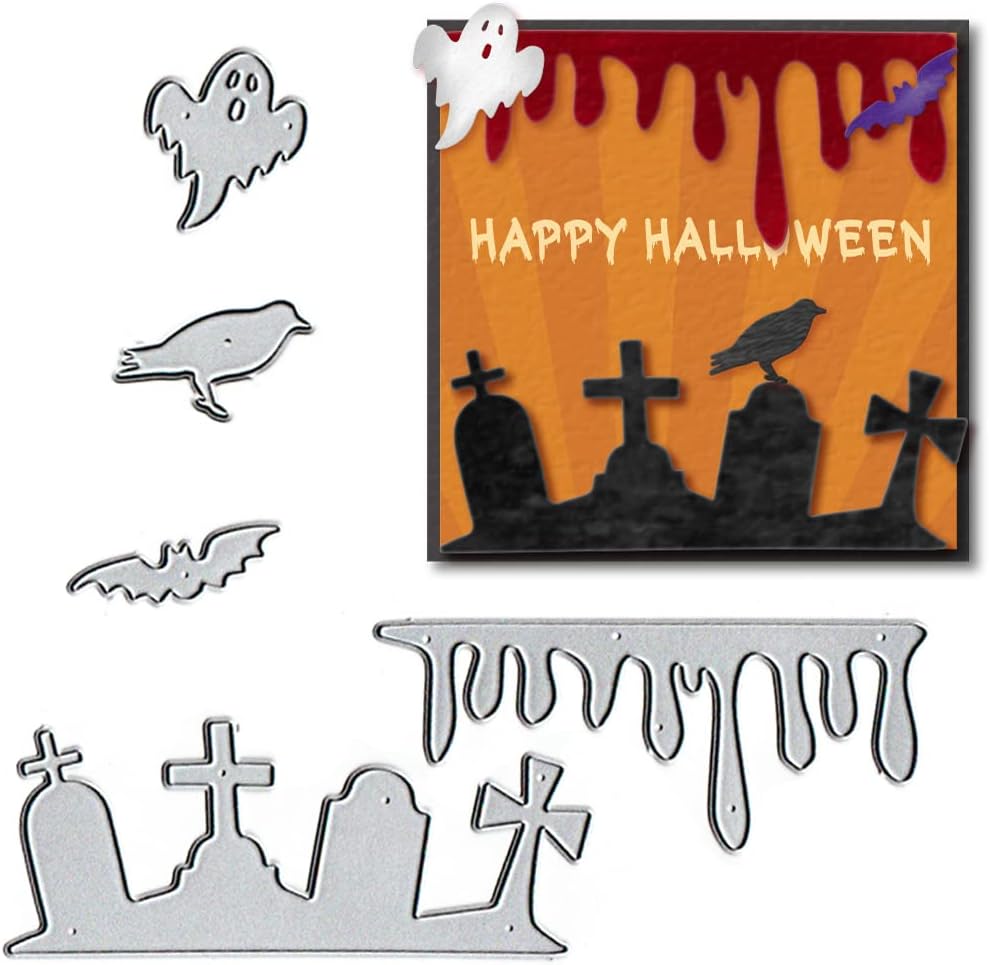 Troqueles de murciélagos fantasmas de Halloween para hacer tarjetas, juegos de troqueles de corte de cementerio de Halloween, plantillas de cuervo