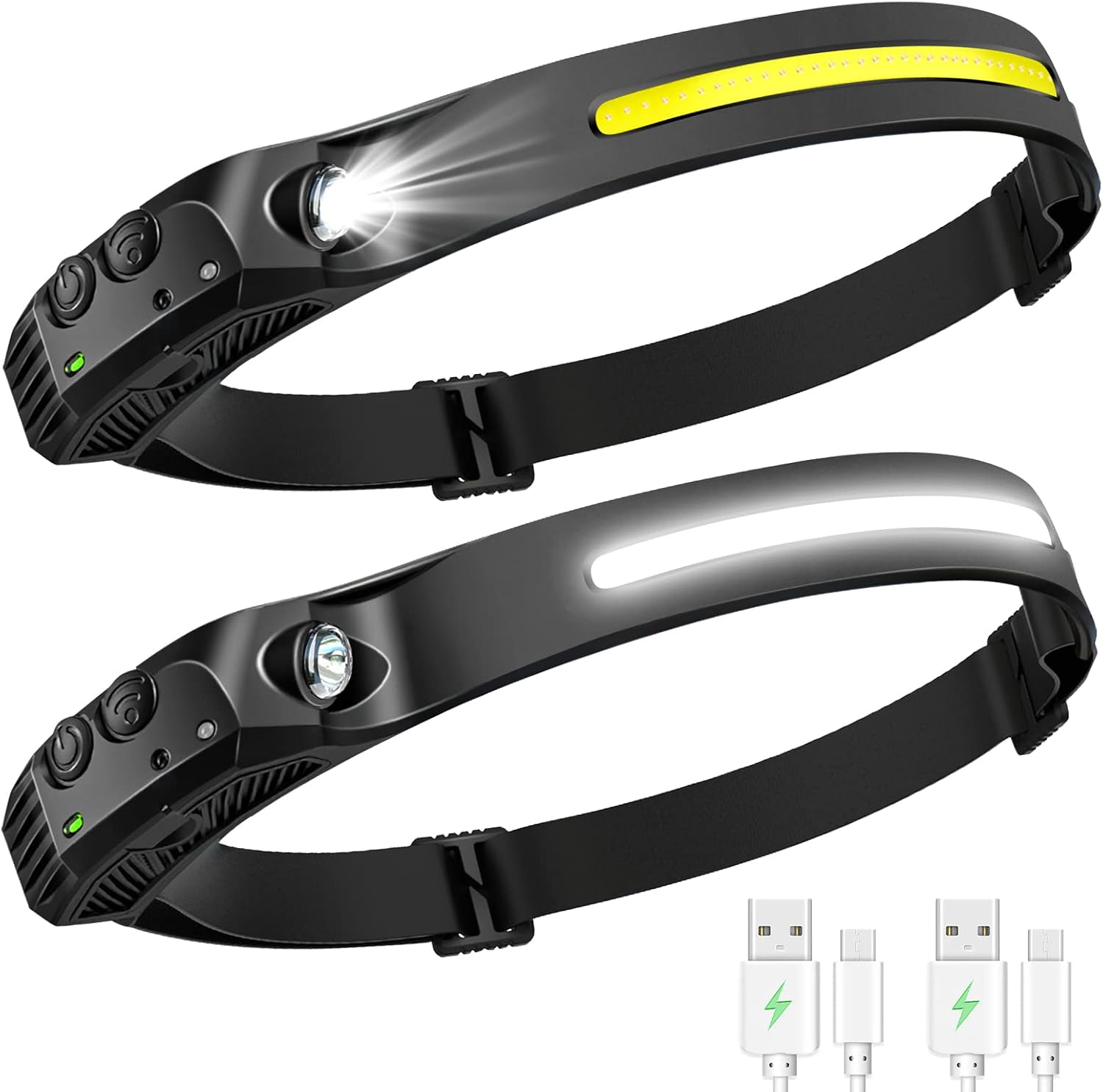AURUZA 2 linternas de faros delanteros, faros LED recargables, 2 faros COB de 230  de ancho con sensor de movimiento, brillante, 5 modos, lámpara de