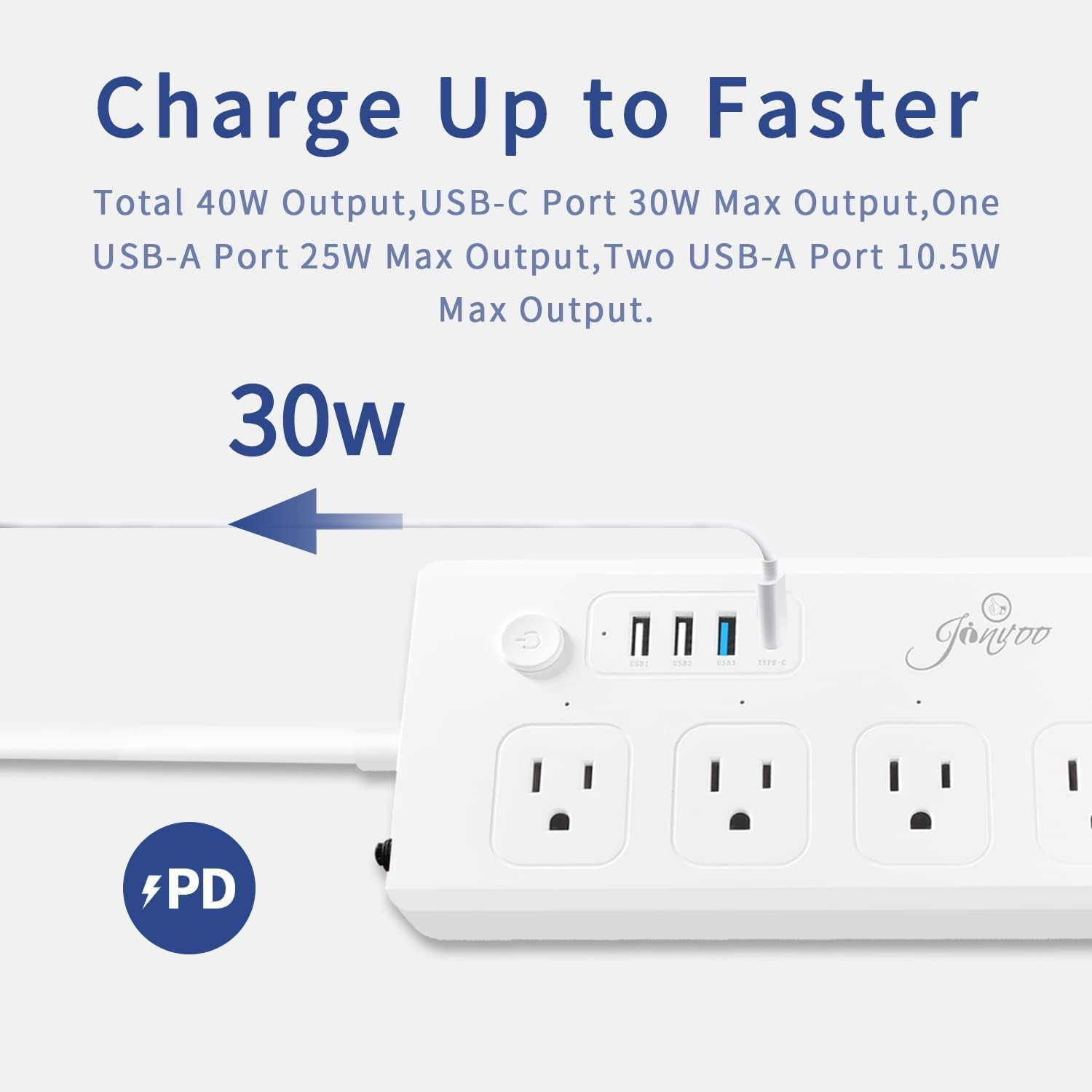 Regleta de protección contra sobretensiones, 4 salidas de CA, 1 USB C 1 tipo C 2 USB 40 W 1250J con puerto de entrega PD de 5 pies de largo, cable