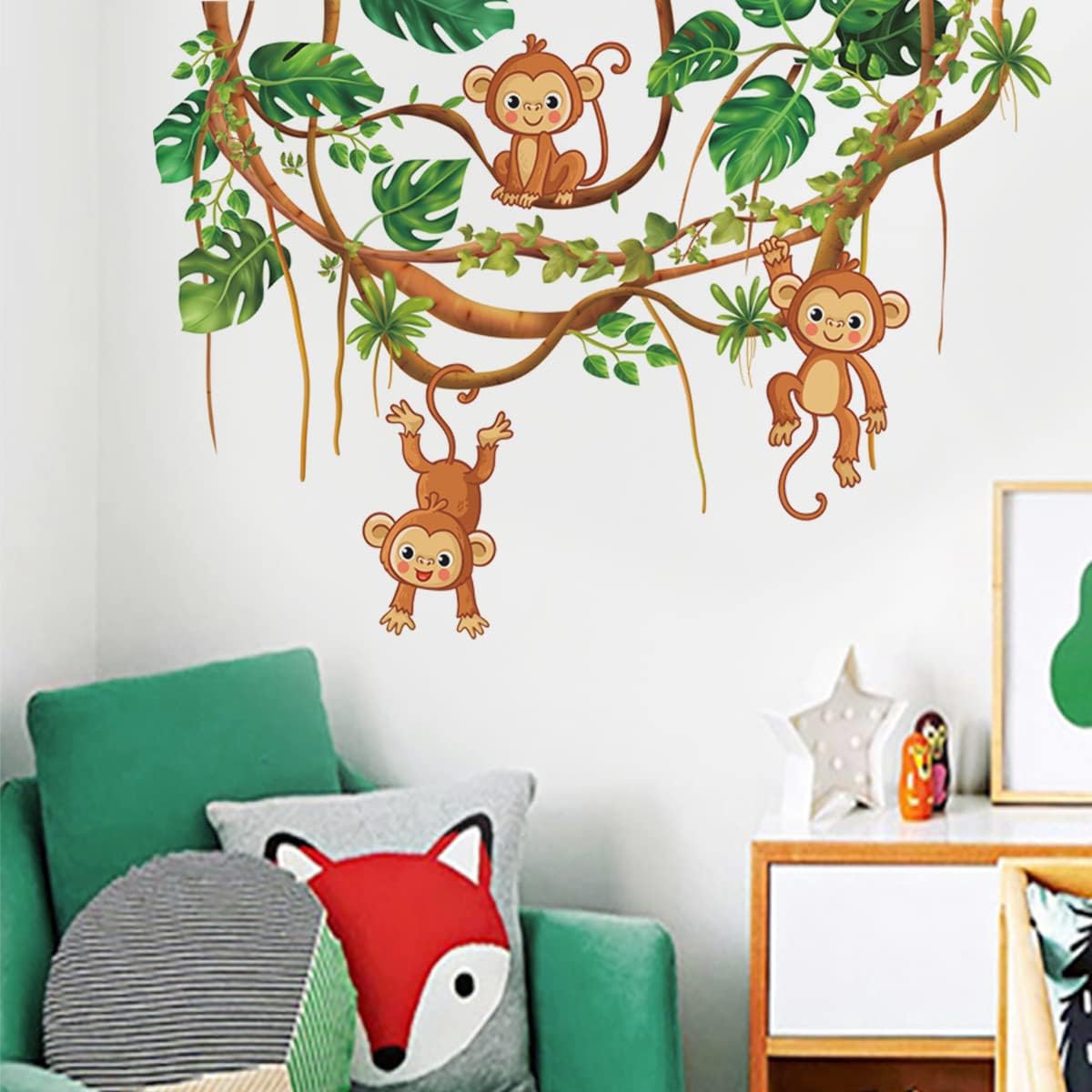 Calcomanías de pared de animales para despegar y pegar, calcomanías de pared de árboles de monos para habitación de los niños, decoración de pared