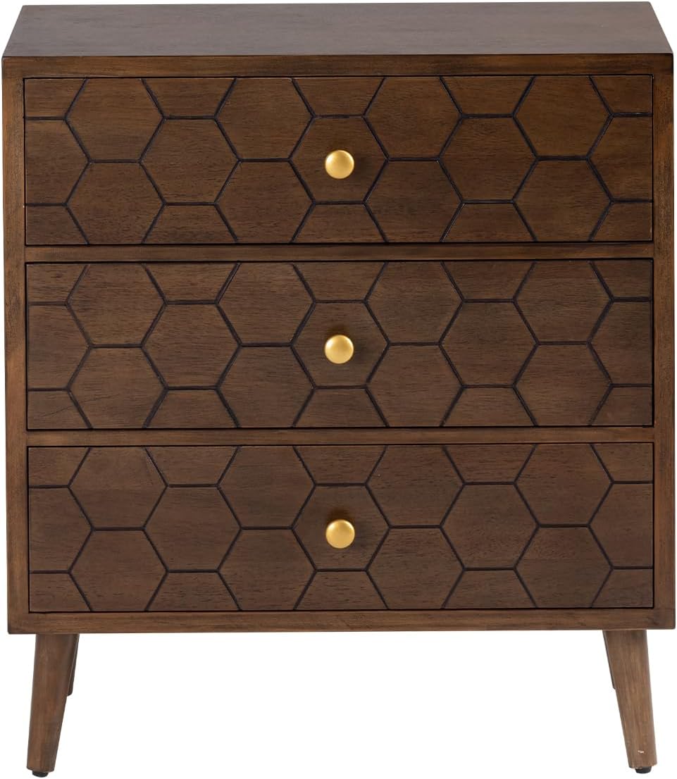 HOMPUS Mesa auxiliar moderna con patrón de panal de abeja, mesita de noche con 3 cajones de almacenamiento, mesita de noche con acabado de grano de