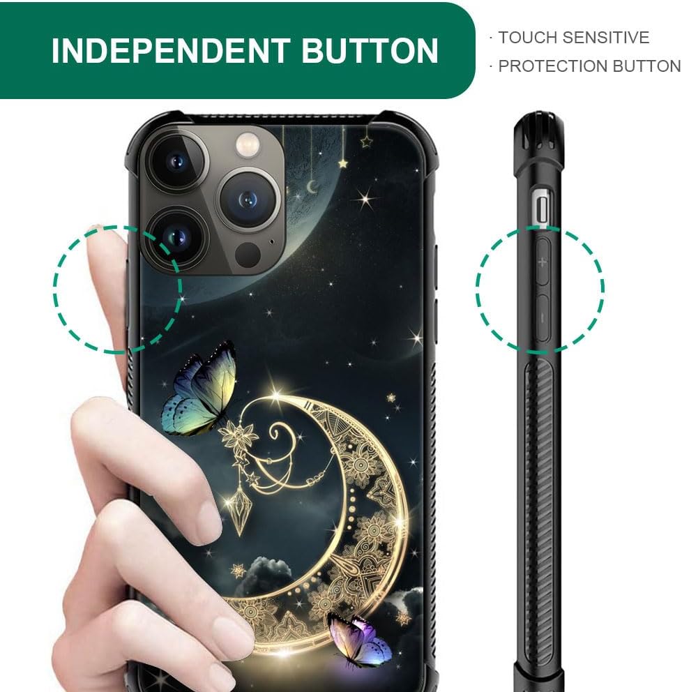 DAIZAG Funda compatible con iPhone 15 Plus, funda de poliuretano termoplástico (TPU) de fantasía retro dorada con luna estrellada y mariposa para