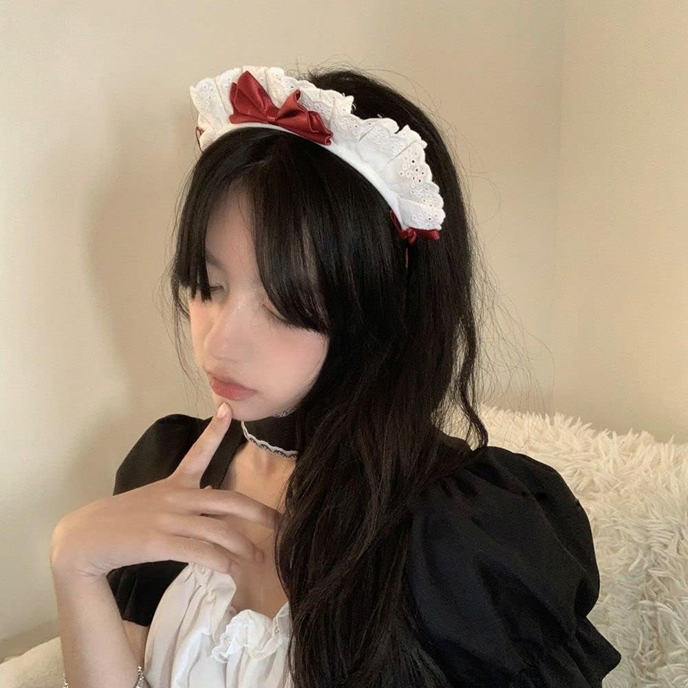 Diadema negra de Lolita para mujeres y niñas, con lazo de encaje, banda para el cabello, anime, cosplay, cinta con lazo, linda banda para el