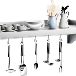 Estante de acero inoxidable, estante de metal de 24 x 12 pulgadas, estante flotante de acero inoxidable montado en la pared con 5 ganchos para Estante de acero inoxidable, estante de metal de 24 x 12 pulgadas, estante flotante de acero inoxidable montado en la pared con 5 ganchos para