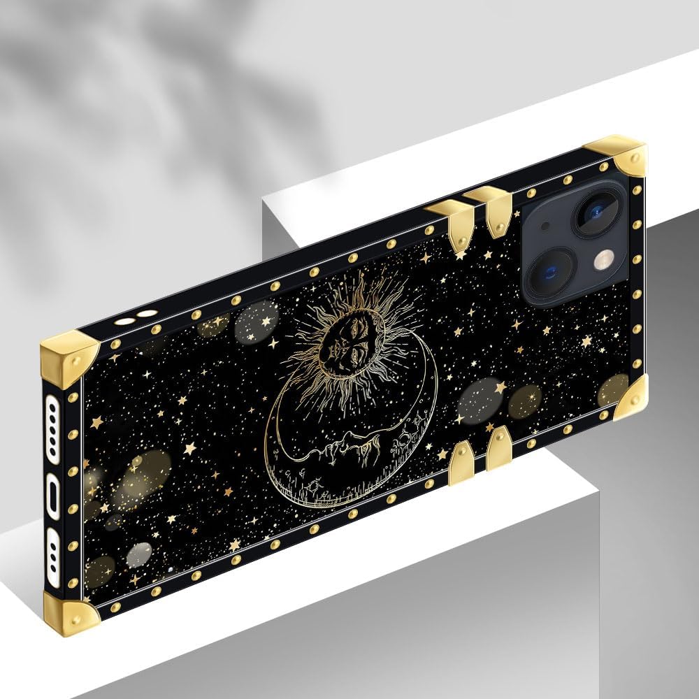 Cvkoyhl Compatible con iPhone 13 Mini funda cuadrada para teléfono, J Sun and Moon Stars Luxury TPU Corner Funda de protección a prueba de golpes