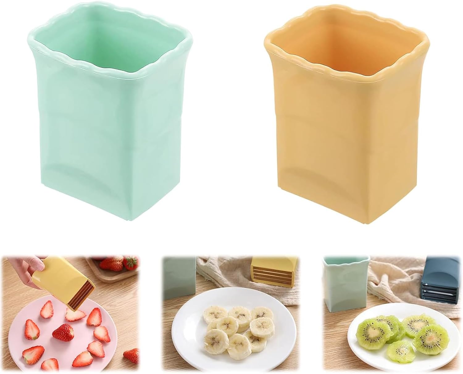 JOYSAND Paquete de 2 rebanadoras de fresas, cortador de frutas, cortador de huevos, cortador de tazas, taza de acero inoxidable para frutas suaves,