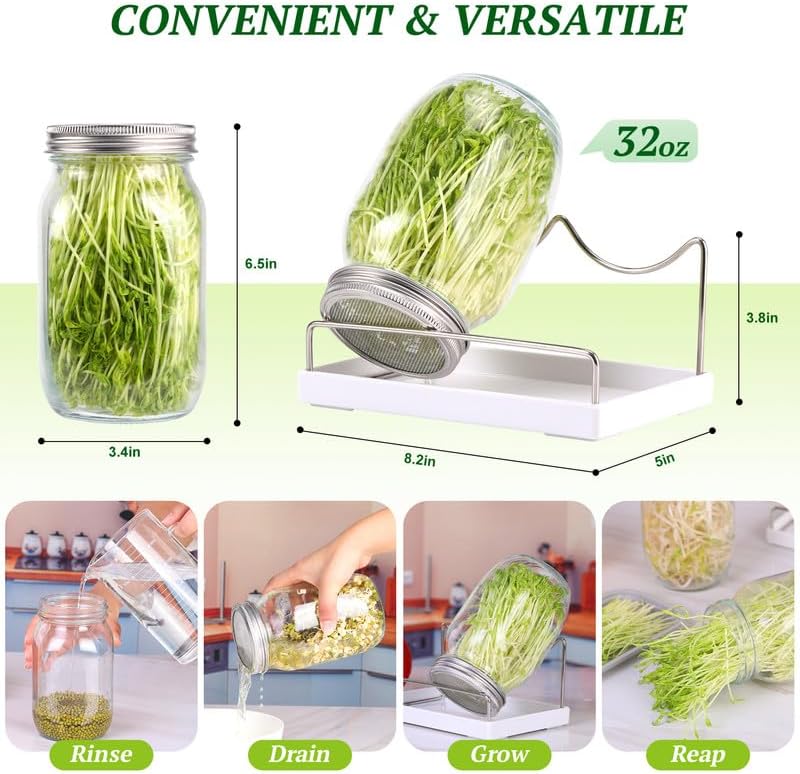 Kit de germinación, kit de tarro de germinación de semillas, 2 tarros grandes de boca ancha con tapa de brote de acero inoxidable 304, soporte para