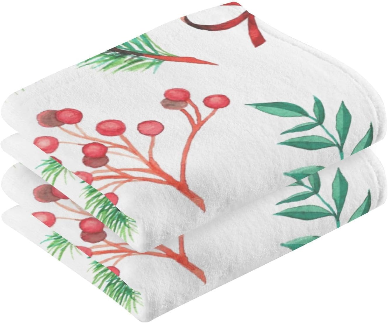 ZOEO Christmas Leaves and Berries Bath Hand Towels 2 Pcs Absorbent Face Towel Soft Breathable Cotton Towel Set for Bathroom Kitchen Hotel Spa Decor