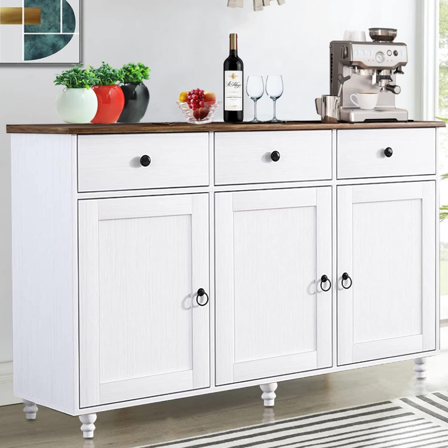 Armario de buffet blanco con almacenamiento, gabinete de cocina de 47 pulgadas con puertas de granero, armario de almacenamiento aparador con