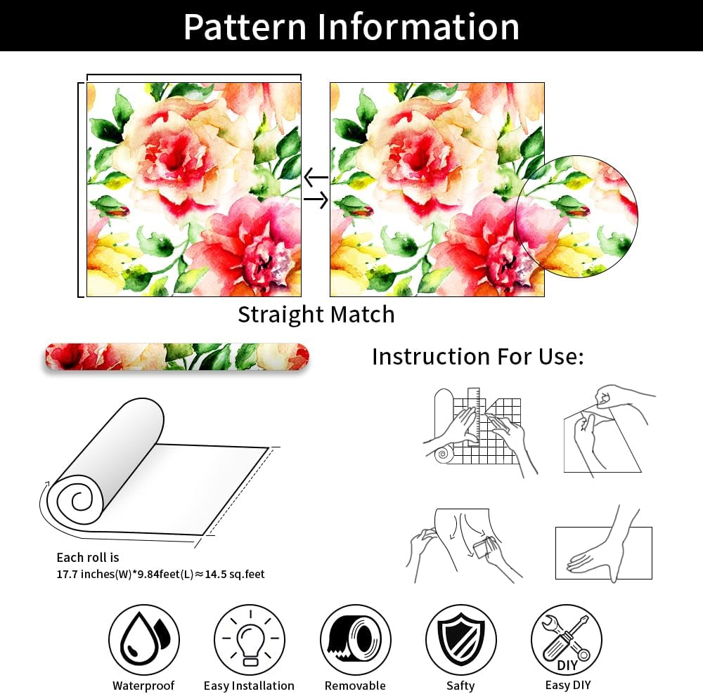 Papel tapiz colorido de peonía floral para despegar y pegar, papel de contacto de flores y hojas, papel tapiz extraíble impermeable, papel tapiz