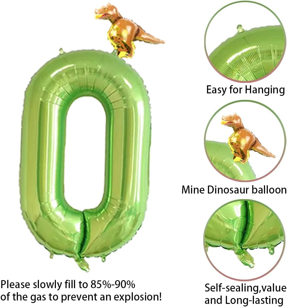 Globo digital de dinosaurio de 40 pulgadas, color verde, número 0, mini globo de dinosaurio, suministros para fiesta de cumpleaños, temática verde