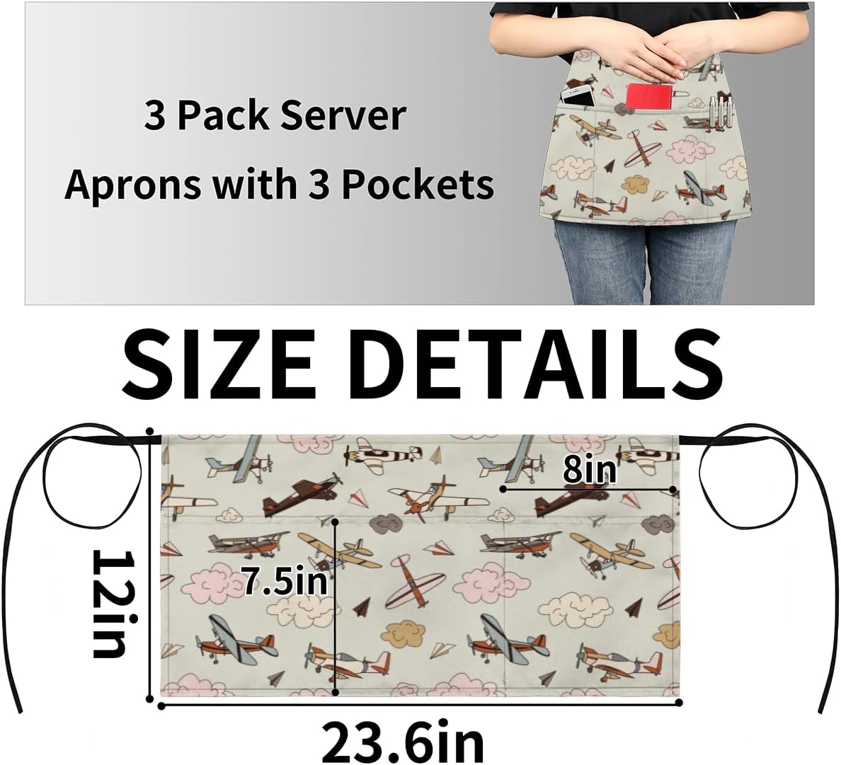 bisibuy 3 Pocket Waist Apron, Pack of 3, Retro Aircraft Cute Server Short Apron for Men Women, Kitchen, Restaurant, Cafe Delantales De Mesera Para