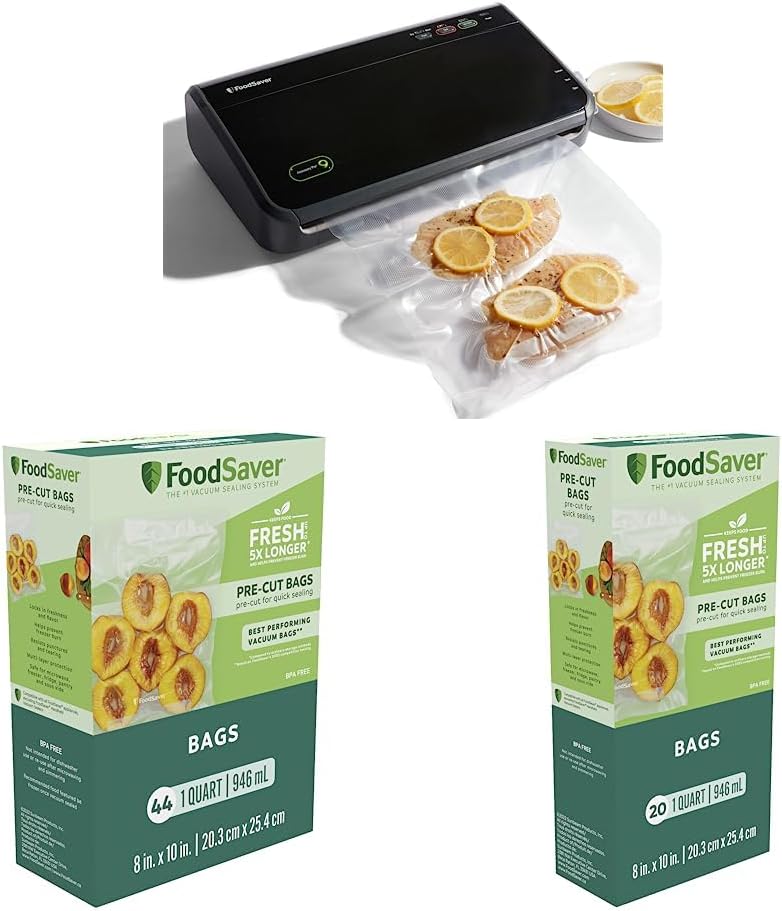 FoodSaver Máquina selladora al vacío, bolsas negras y selladoras al vacío para almacenamiento hermético de alimentos y Sous Vide, bolsas precortadas