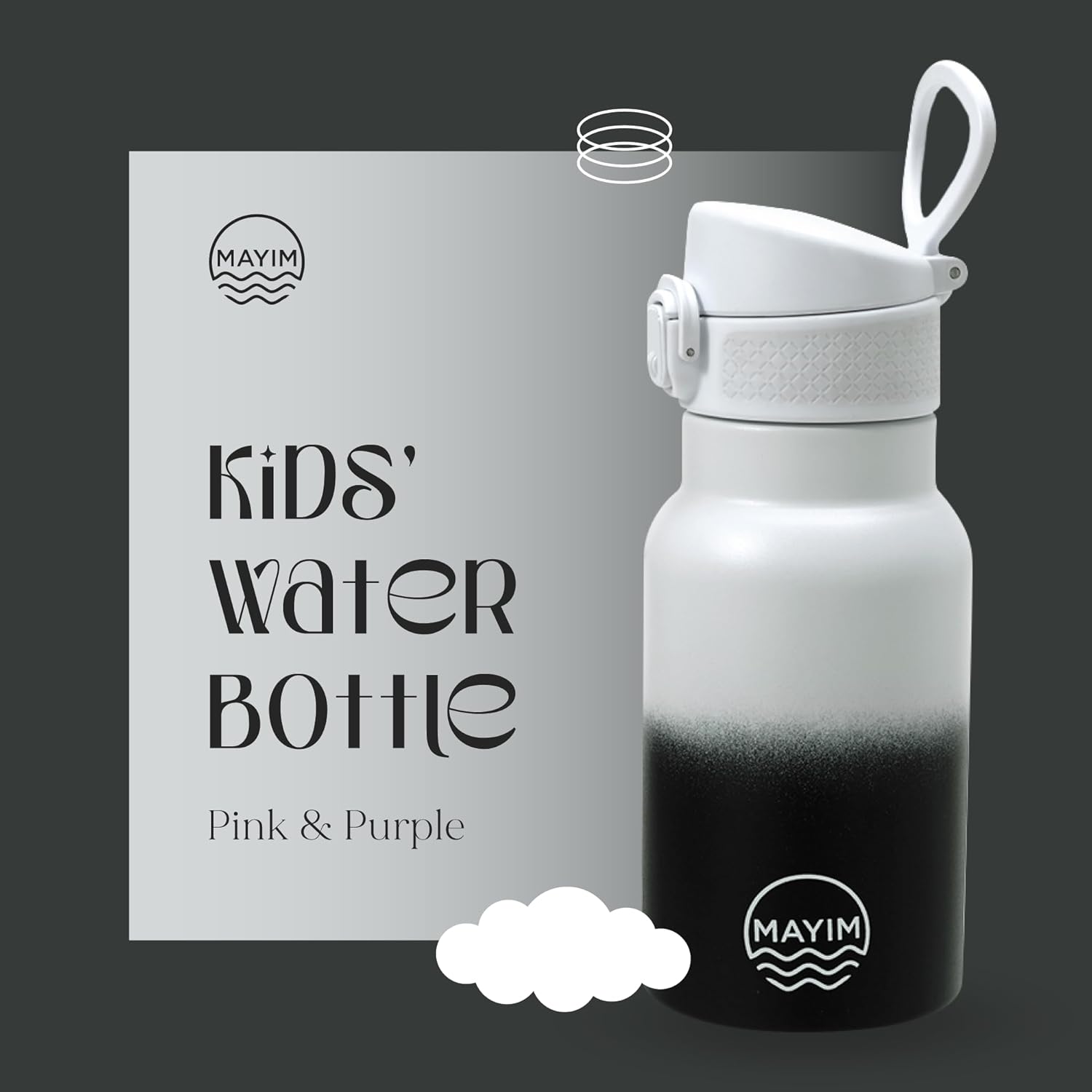 Botella de agua de acero inoxidable a prueba de fugas para niños con tapa abatible y boquilla de bloqueo, 12 onzas, blanco y negro
