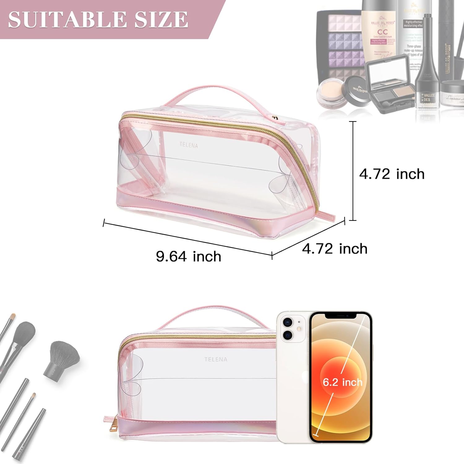 Telena Bolsa de maquillaje de gran capacidad, bolsa de cosméticos portátil de piel sintética resistente al agua, bolsas organizadoras de maquillaje