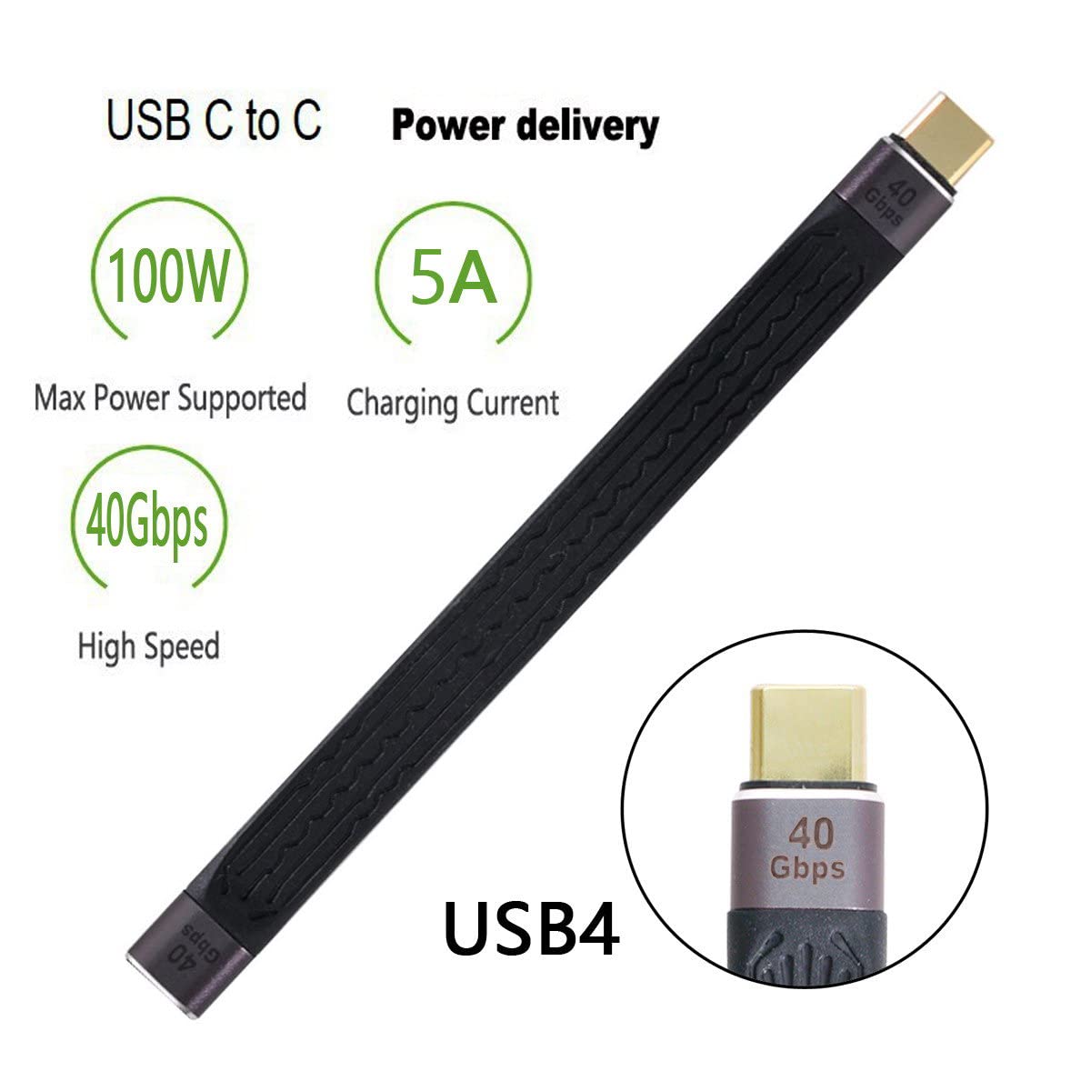 CY Cable de extensión USB4 macho a hembra de 5.1 in delgado plano macho toF 40 Gbps con carga de 100 W y 8 K a 60 Hz