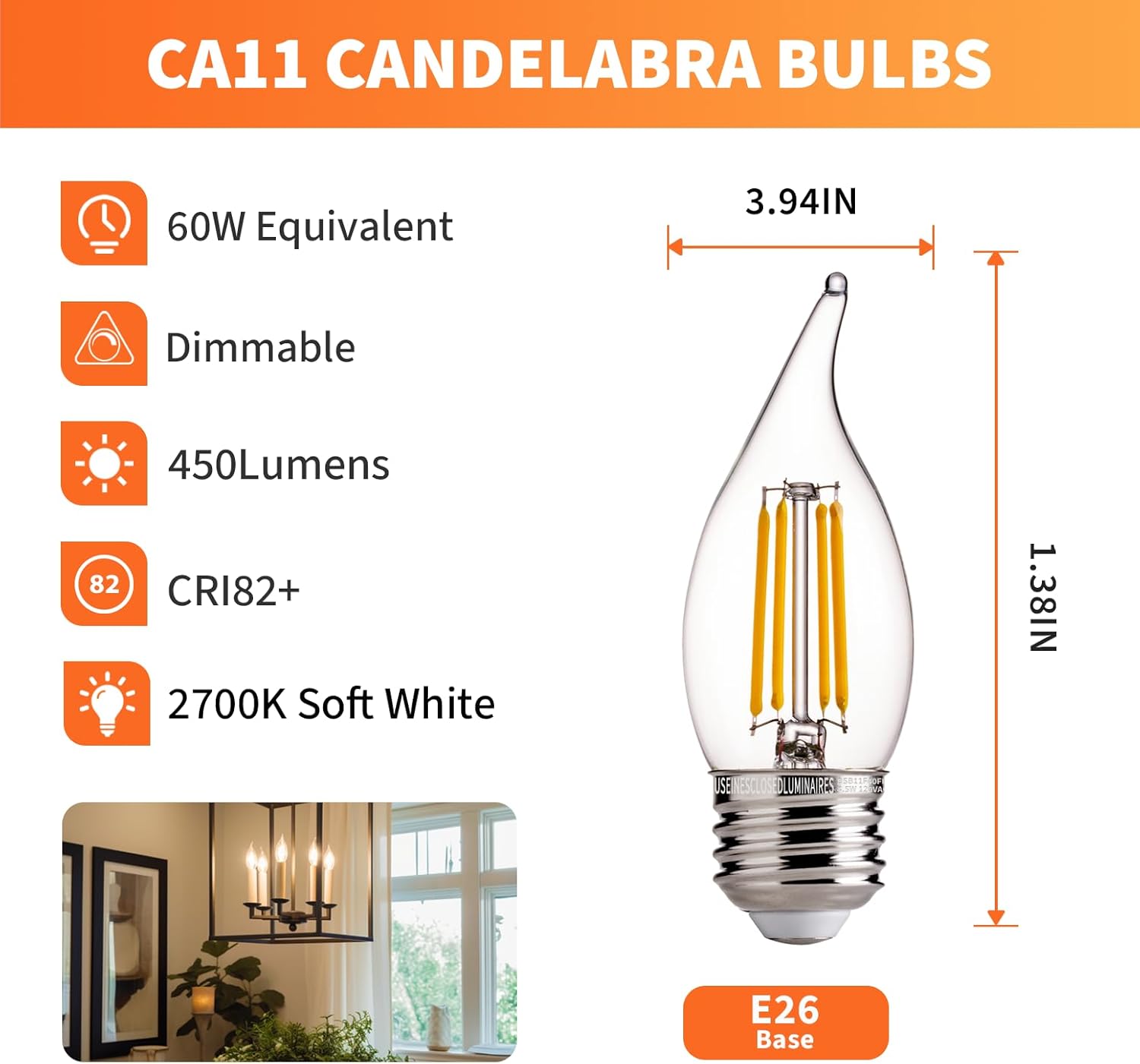 ALAMPEVER Bombilla LED E26 de 60 vatios, bombillas de araña, bombillas LED de candelabro blanco suave de 2700 K, paquete de 24 bombillas de vela