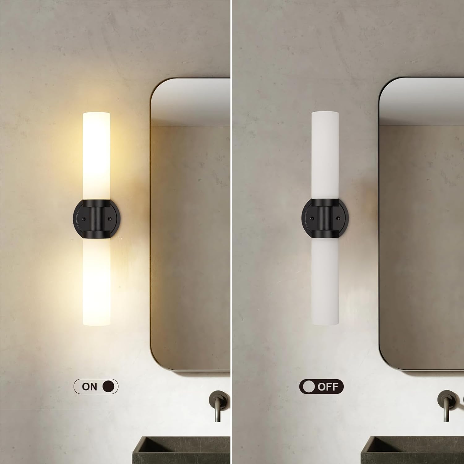 SANTOSTOCK Lámparas de baño negras, apliques de pared de 2 luces con pantalla de vidrio blanco, luces modernas de tocador para espejo, lámpara de
