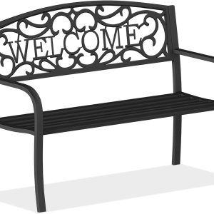 Banco de jardín para exteriores de 50 pulgadas, banco exterior con marco de metal de acero antioxidante y patas antideslizantes, banco de patio con Banco de jardín para exteriores de 50 pulgadas, banco exterior con marco de metal de acero antioxidante y patas antideslizantes, banco de patio con