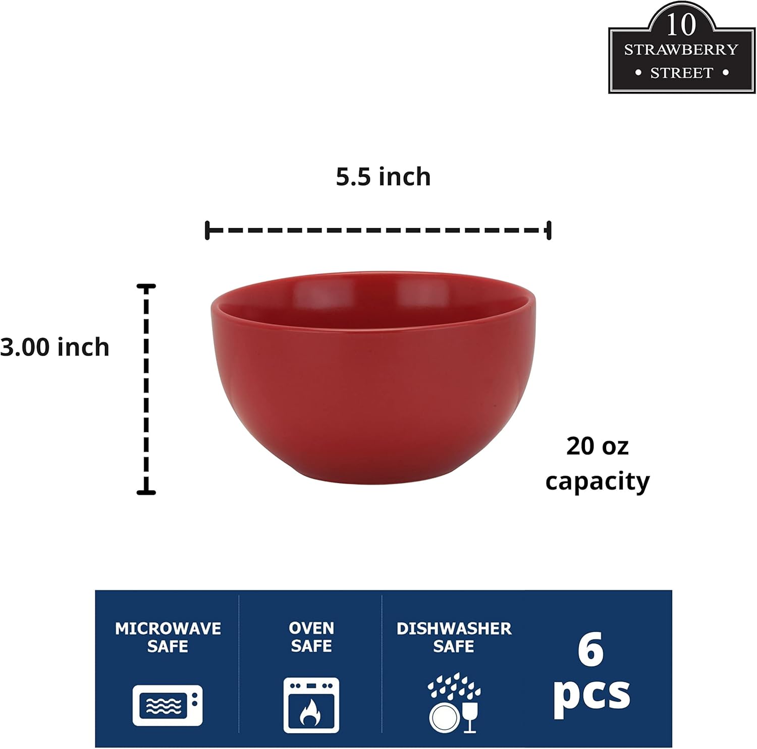 10 Strawberry Street Wazee – Tazón para cereales mate de 5.5 pulgadas16 onzas, juego de 6, rojo