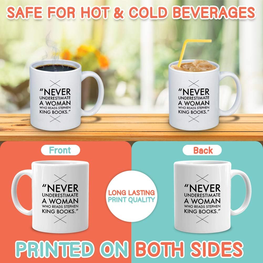 Taza de café Reader de 11 onzas, Never Underestimate A Women Who Reads Horror Novel Book Lovers King, regalo para lector de ratones de biblioteca