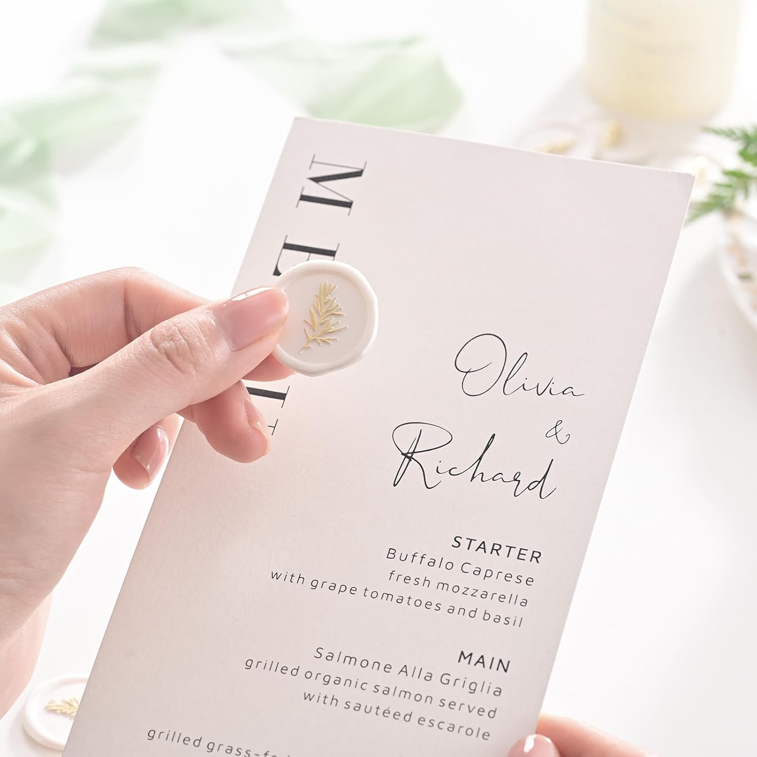 UNIQOOO Calcomanías de sello de cera, calcomanías de sello de invitación de boda de romero, 50 unidades autoadhesivas de color blanco perla con
