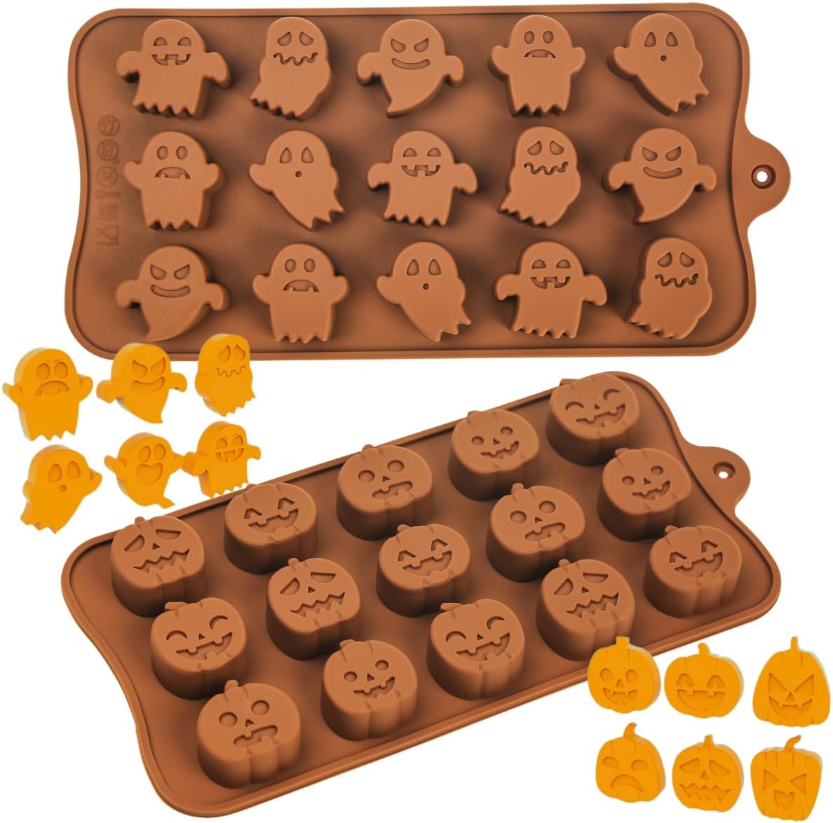 KAISHANE 2 moldes de chocolate de Halloween, molde de silicona de 15 cavidades, diferentes formas de calabazas de Halloween, moldes de chocolate