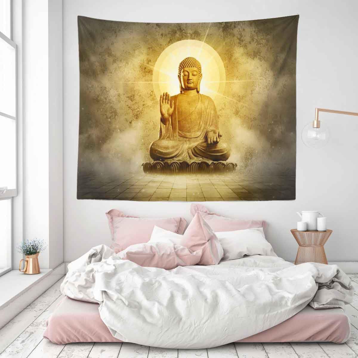 BULOR Tapiz de Buda sentado con luces doradas, tapiz de loto meditando zen, tapiz para colgar en la pared para niños, bebé, cumpleaños, dormitorio,
