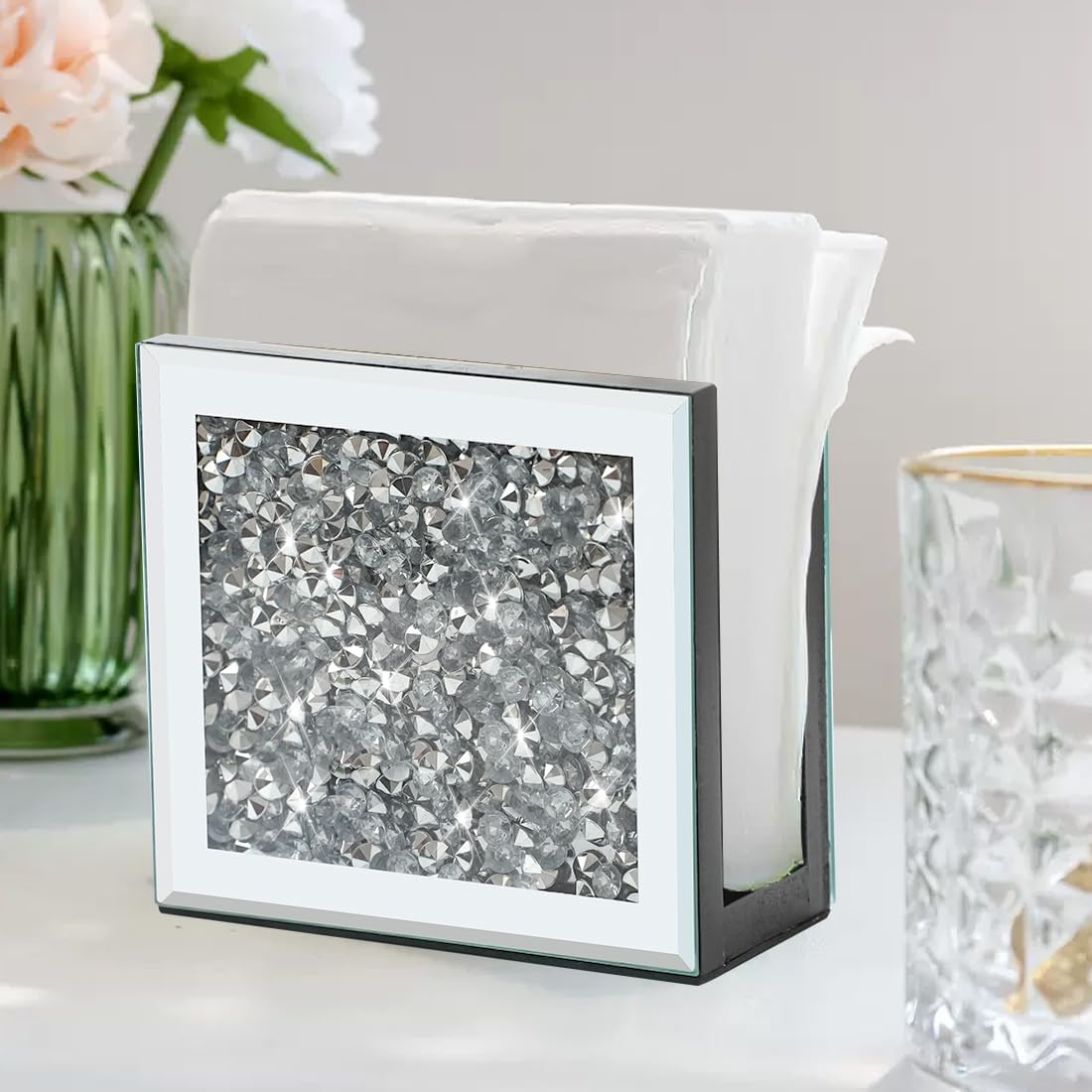 Servilletero con espejo, soporte vertical de diamante triturado de cristal, bonito soporte de servilleta de espejo de vidrio para mostrador o mesa.