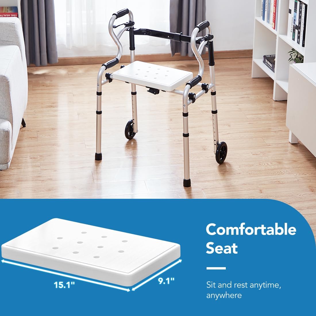 Health Line Massage Products – Andador plegable 4 en 1 con asiento de productos de masaje, andadores plegables ajustables de ancho con ruedas de 5