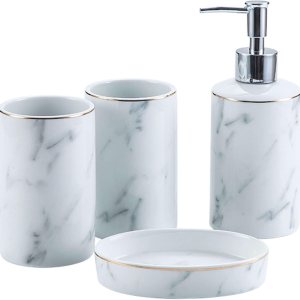 Dispensador de jabón de vidrio con bomba ancha, juego de accesorios de baño con patrón de mármol, accesorios para baño, necesidades de apartamento Dispensador de jabón de vidrio con bomba ancha, juego de accesorios de baño con patrón de mármol, accesorios para baño, necesidades de apartamento