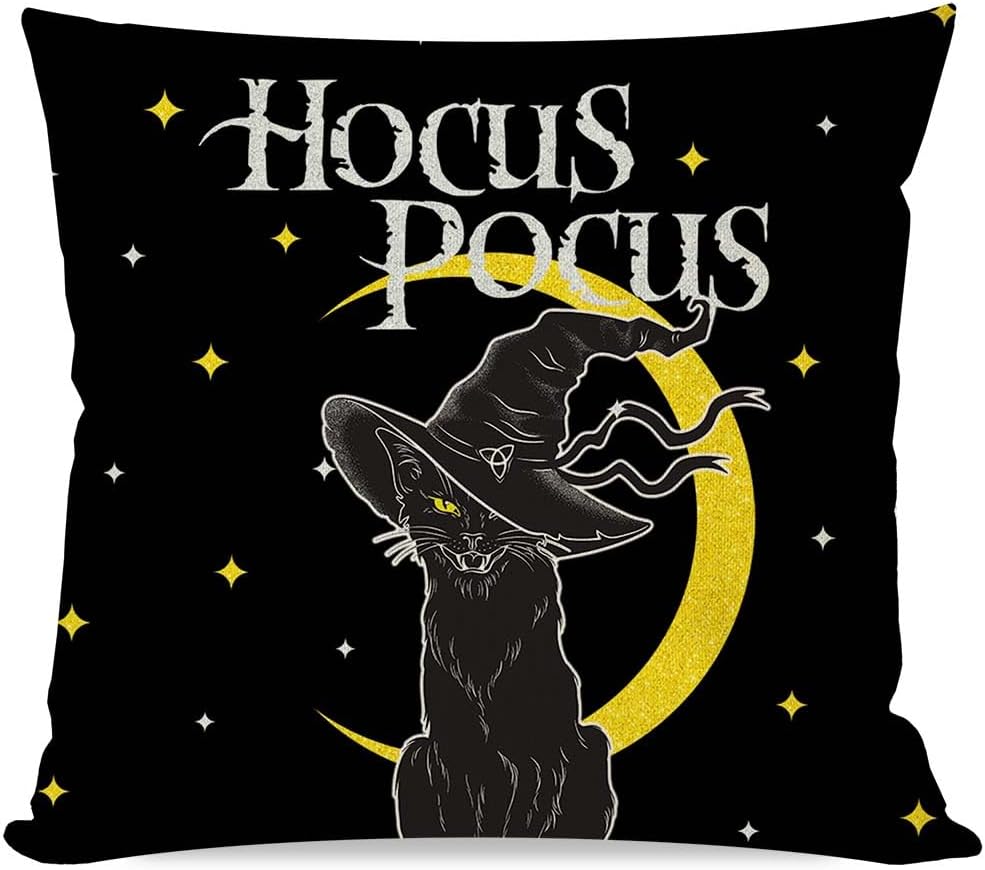 Fundas de almohada de Hocus Pocus, diseño de gato negro de Halloween, 18 x 18 pulgadas, sombrero de bruja espeluznante de luna, funda de almohada