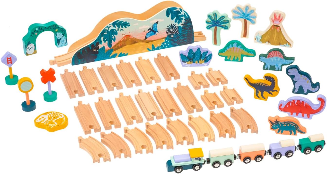 Manhattan Toy T-Rex Express – Juego de tren de juguete de madera con temática jurásica de 45 piezas para niños de 3 años en adelante