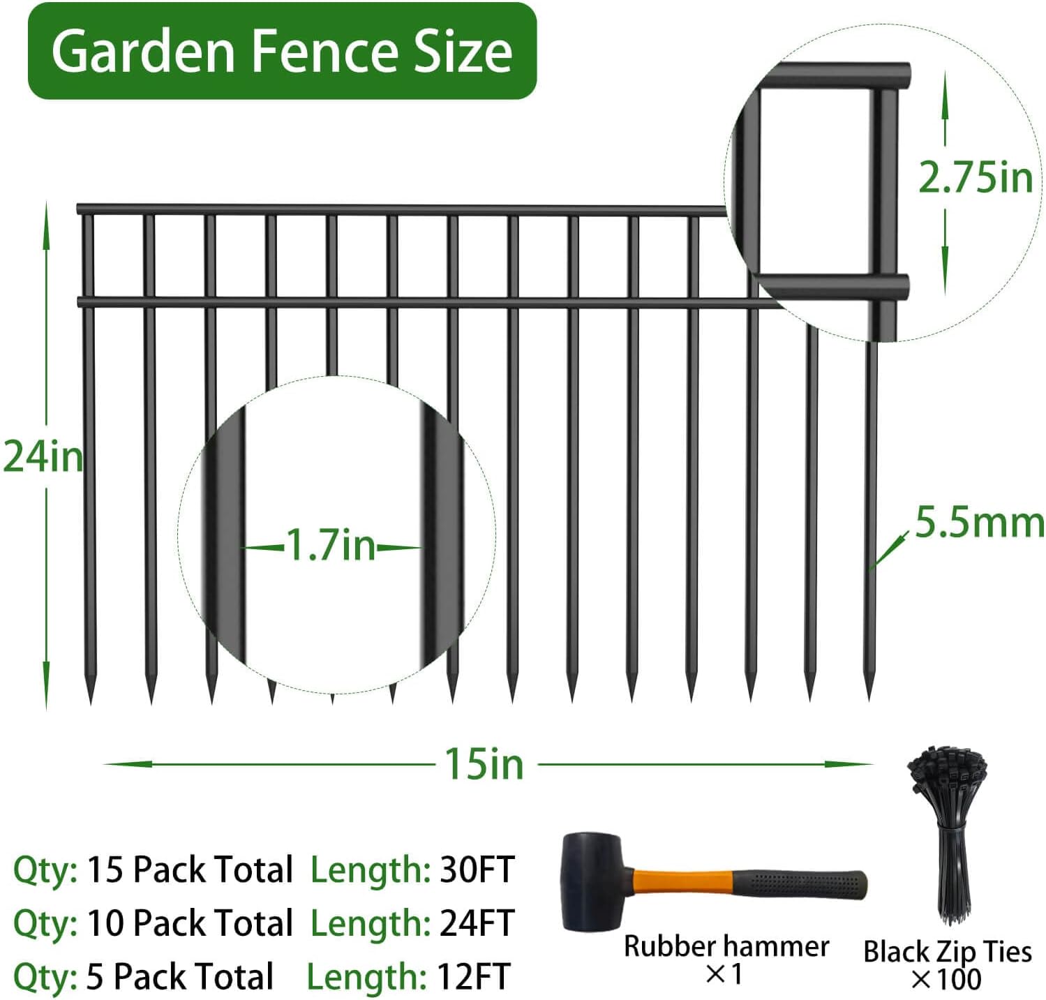 Paquete de 15 vallas de barrera sin excavación para perros de 24 x 15 pulgadas, acero galvanizado recubierto de negro, valla de barrera de animales,