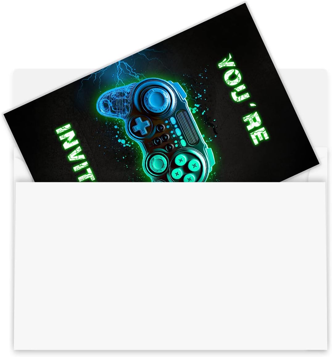 Invitación de fiesta de cumpleaños de videojuegos, invitación de cumpleaños para niños y niñas, invitación verde y azul brillante, juegos, fiesta de