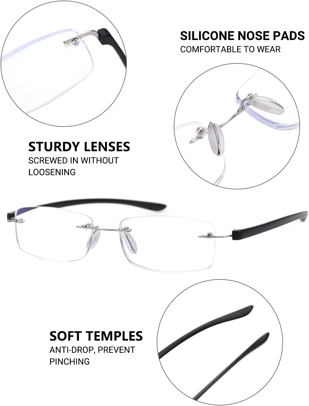 TERAISE Paquete de 2 lentes de lectura sin montura para hombres y mujeres, lentes de lectura con bloqueo de luz azul, ultraligeros sin marco, para