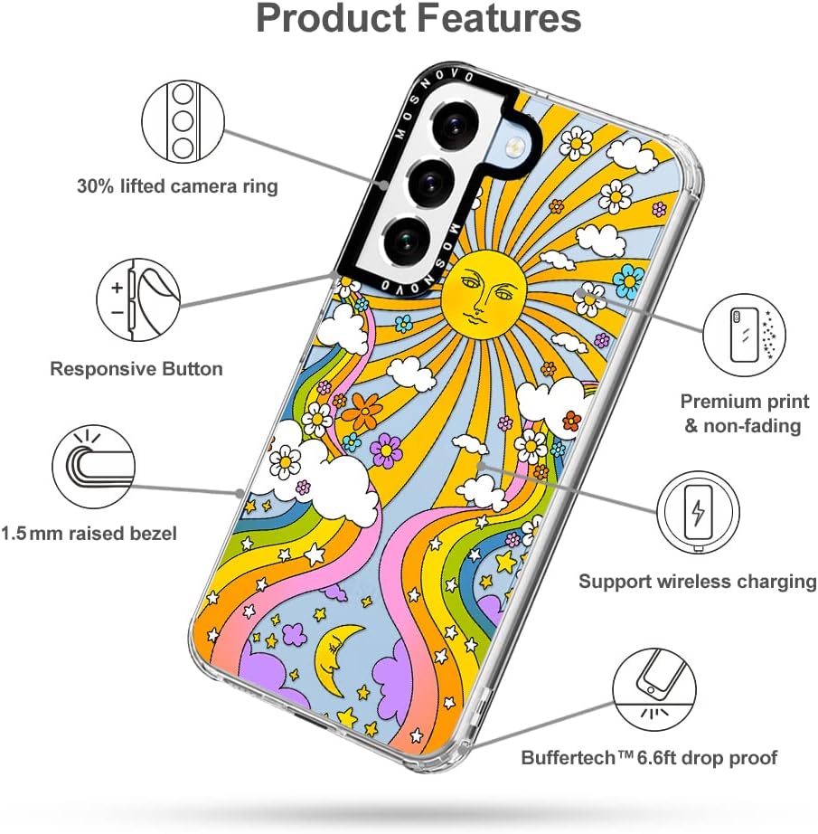 MOSNOVO Funda para Galaxy S22 Plus, diseño psicodélico de los años 70, diseño transparente de plástico transparente con carcasa protectora de TPU
