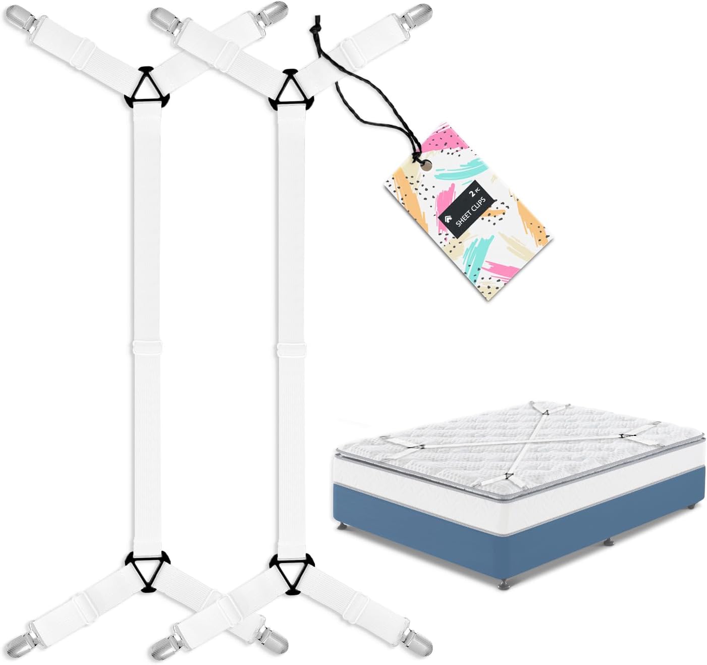 Correas antideslizantes para sábanas, 2 piezas de sujetadores ajustables extendidos para sábanas bajeras, cierres elásticos extra fuertes con clips