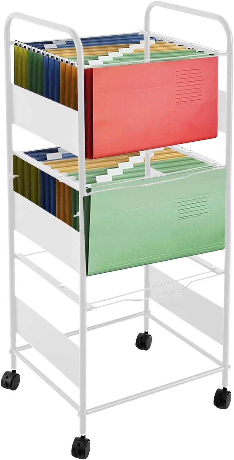 Carros de archivo de metal de 3 niveles con ruedas, archivos colgantes para tamaño carta, carpeta de archivos extraíble movible, estante para cajón,