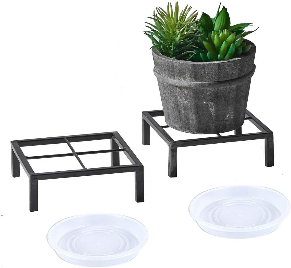 Soporte de metal pequeño de 6 pulgadas para plantas con platillo para interiores y exteriores, contenedor de hierro inoxidable para jardín, estante