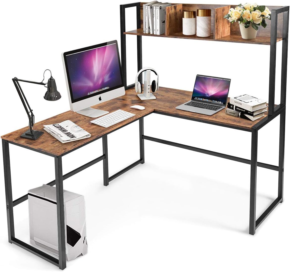 Tangkula Escritorio reversible en forma de L con gabinete, escritorio esquinero para computadora que ahorra espacio con estantes de almacenamiento,