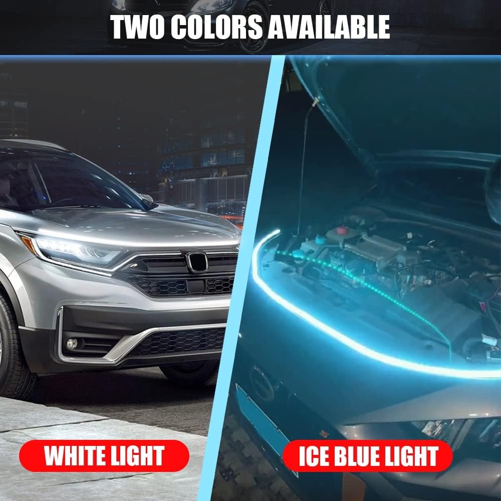 Tira de luz para capó de automóvil de 59 pulgadas, color azul hielo, tira de luces LED para capó, flexible, impermeable, escaneo dinámico, tira de