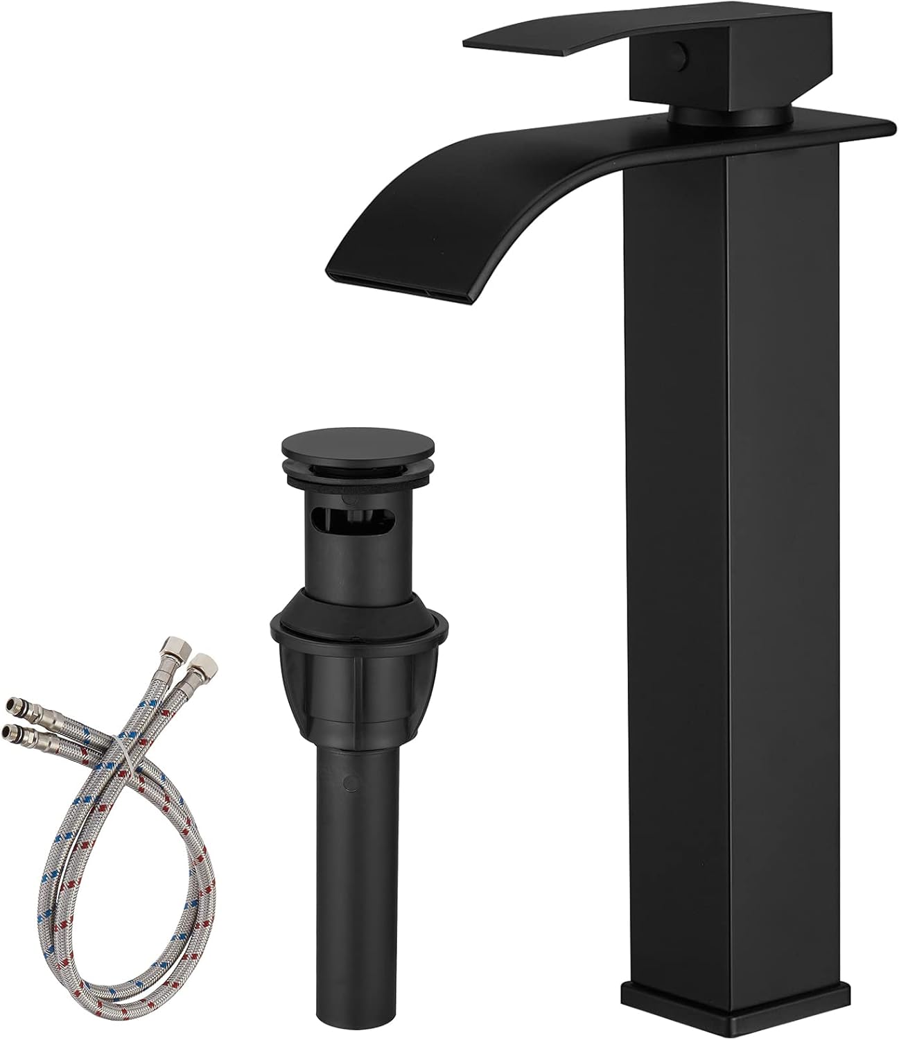 Homevacious Grifo de fregadero de cascada negro mate, mango único, fácil de usar