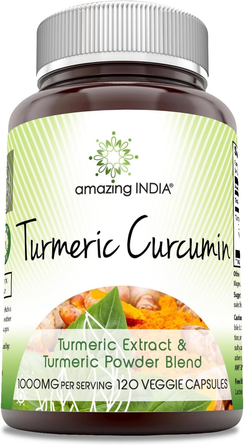 Amazing India Curcumina de cúrcuma de 1000 mg por porción  Suplemento de 120 cápsulas vegetales  Mezcla de polvo de cúrcuma y extracto de cúrcuma