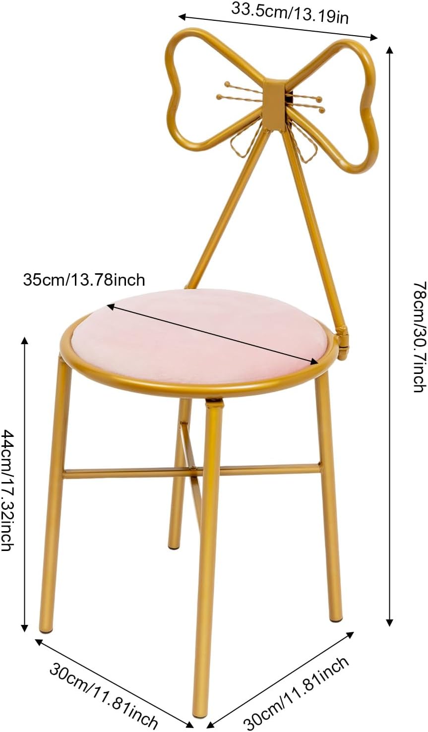 Silla de maquillaje de mariposa rosa, cojín de terciopelo con marco de metal dorado profundo, silla de descanso con respaldo de lazo y cojín de