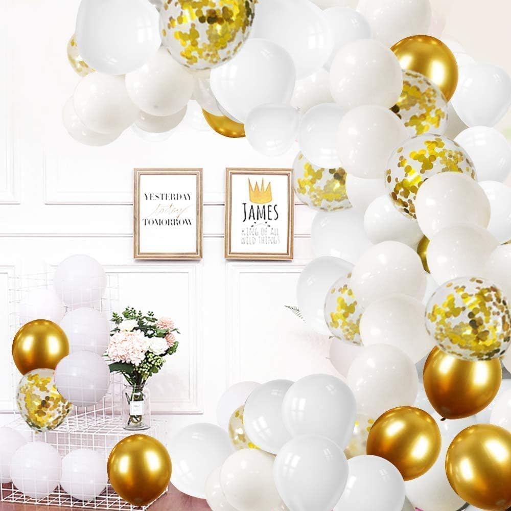 70 globos dorados metálicos, globos de látex blanco de confeti dorado de 12 pulgadas para cumpleaños, graduación, baby shower, boda, aniversario,