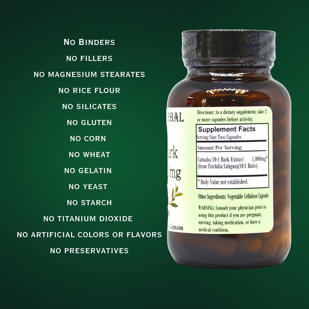 Barlowe’s Herbal Elixirs Extracto de Catuaba 101 – 60 500mg VegiCaps – Sin estearato, botella de vidrio!