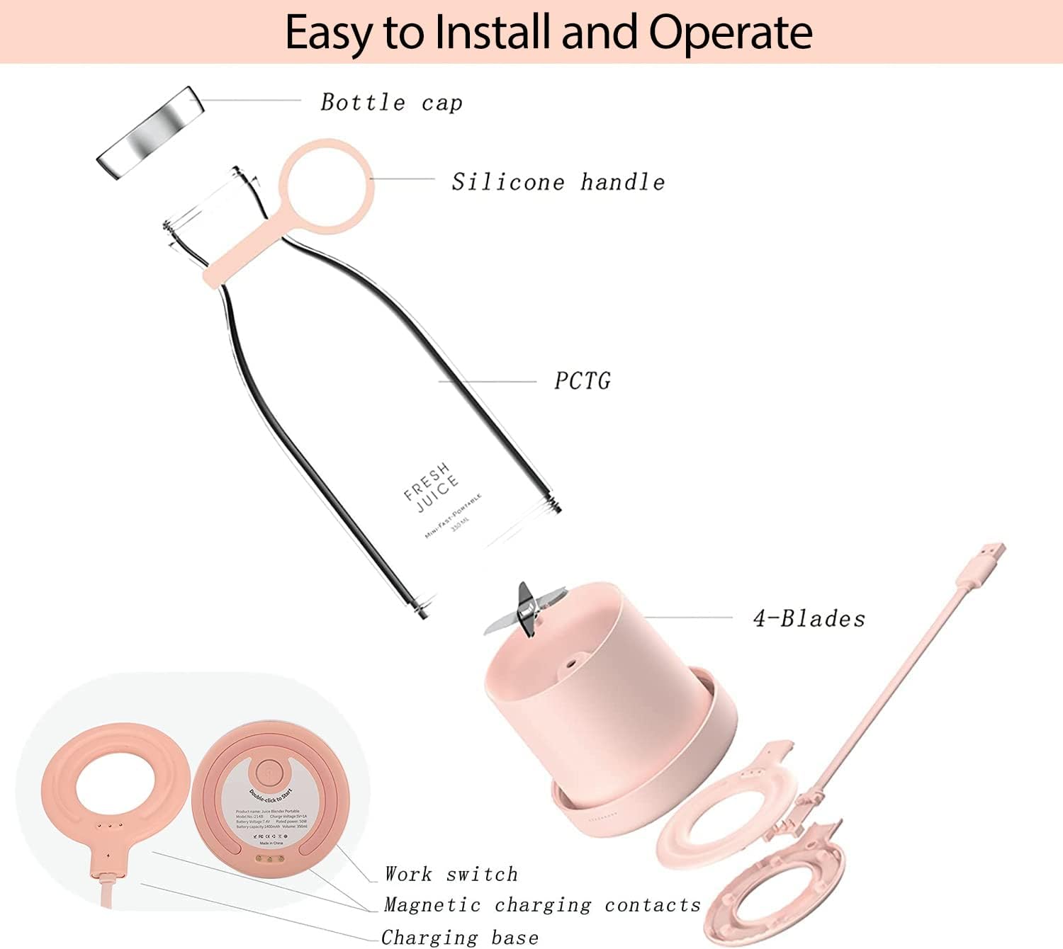 Licuadora portátil, licuadora de tamaño personal, licuadora USB alimentada por batería, con cuatro cuchillas, mini botella de viaje para jugos,