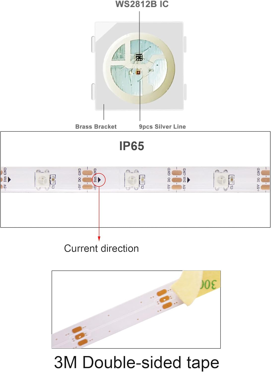 WS2812B Tira de LED RGB direccionable individualmente de 16.4 pies 5050 Smart Flexible Dream a todo color 30Pixelsm Luz blanca PCB IP65 Impermeable